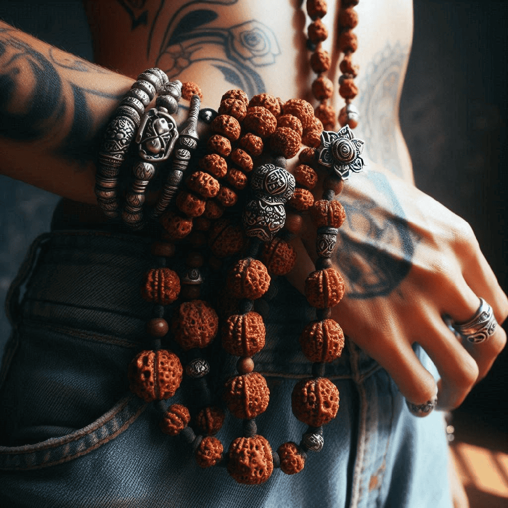 person wearing a Seven Mukhi Rudraksha mala